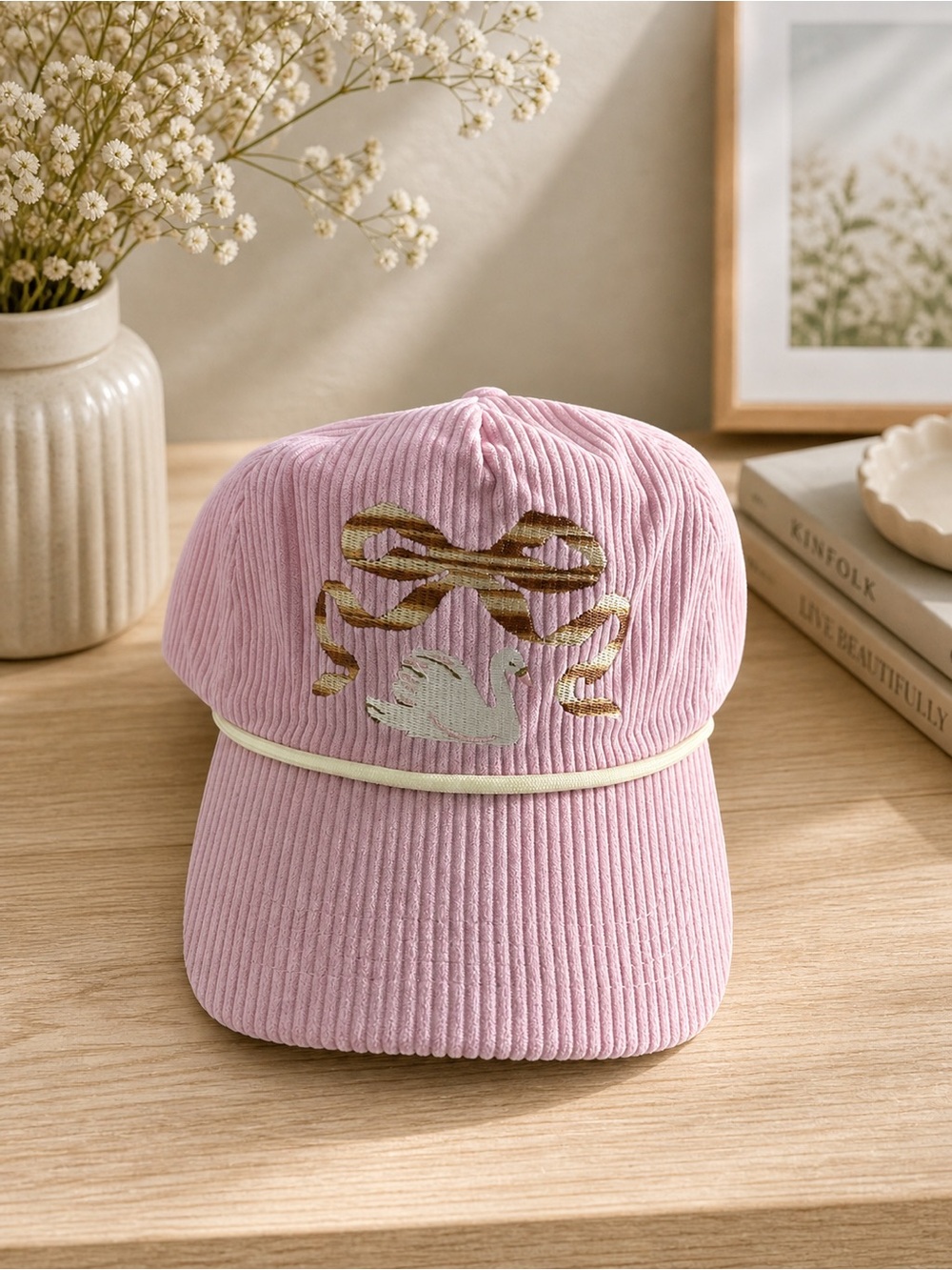 Pink Corduroy Baseball Cap with Swan & Bow Embroidery